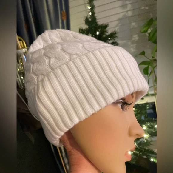 Coach White Knit Beanie with Gold Logo - Picture 2 of 16